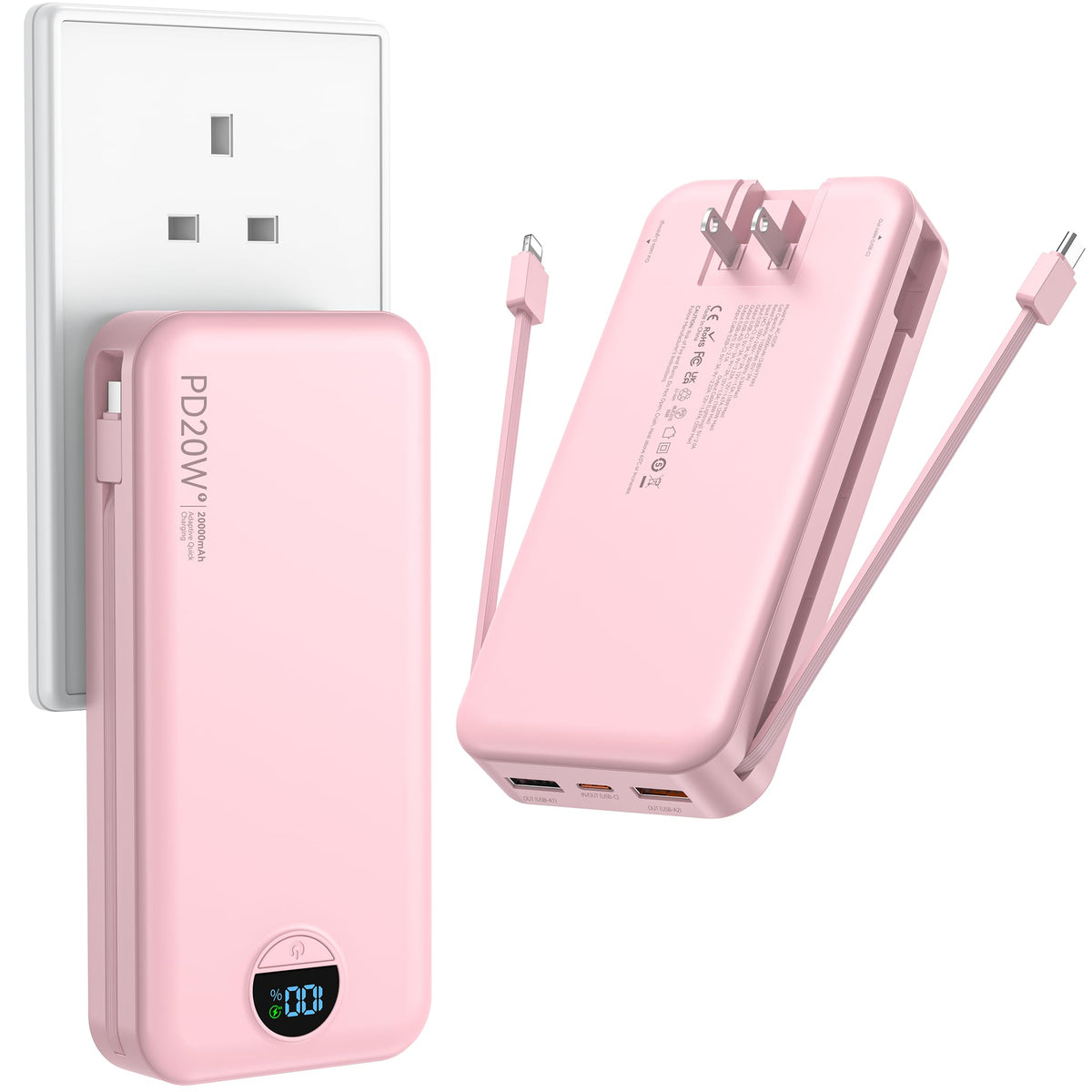 Ffnpua Portable Charger Power Bank 20000mAh PD20W w/Built-in Cables