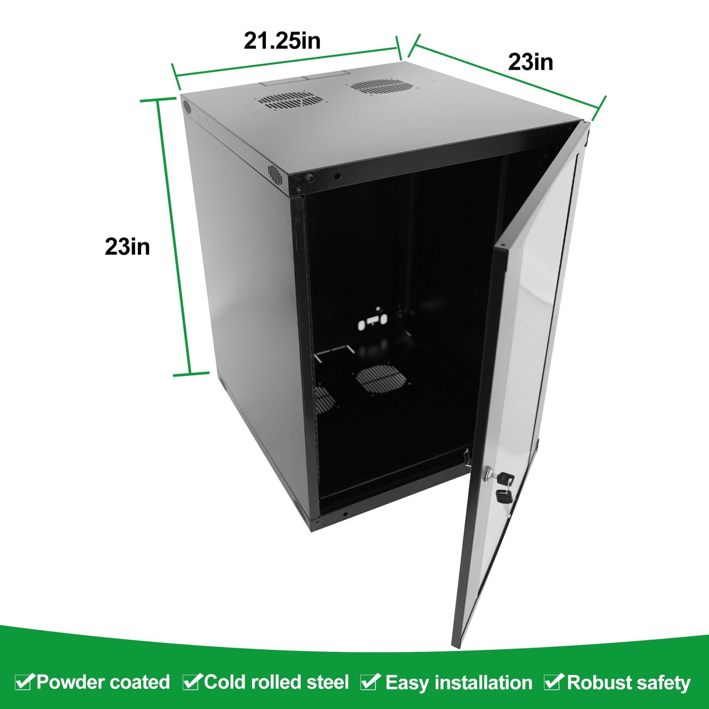 GlobalRack 9U Wall Mount Cabinet, Glass Door, Locking Casters, 2 Fans