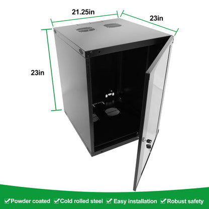 GlobalRack 9U Wall Mount Cabinet, Glass Door, Locking Casters, 2 Fans