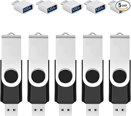 5 Pack 32GB USB Flash Drive with Type C Adapter and Storage Box USB 2.0 High Speed Metal Pen Drive 360° Rotatable Storage Memory Stick for Phone/Pad/PC/Laptop/Android - Black(5-Pack 32GB)