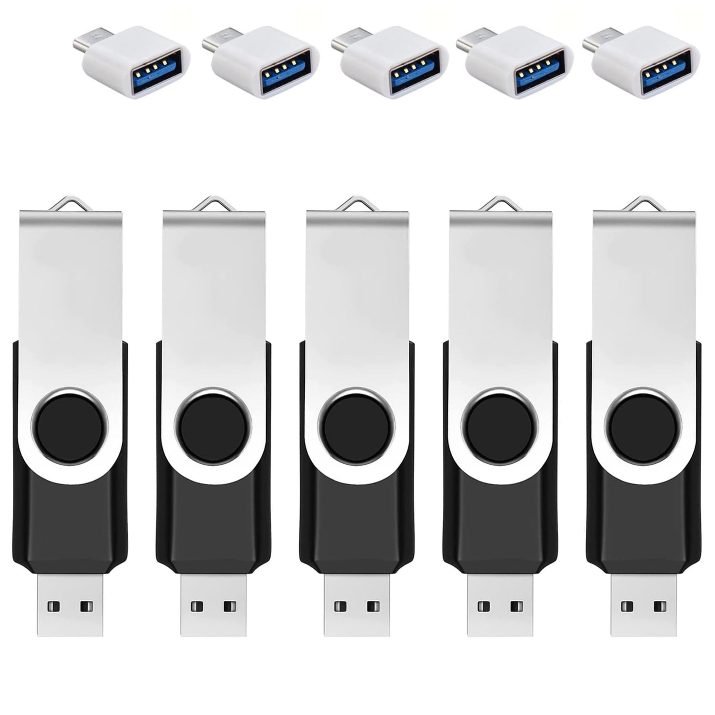 5 Pack 128GB USB Flash Drive with Type C Adapter and Storage Box USB 2.0 High Speed Metal Pen Drive 360° Rotatable Storage Memory Stick for Phone/Pad/PC/Laptop/Android - Black(5-Pack 128GB)
