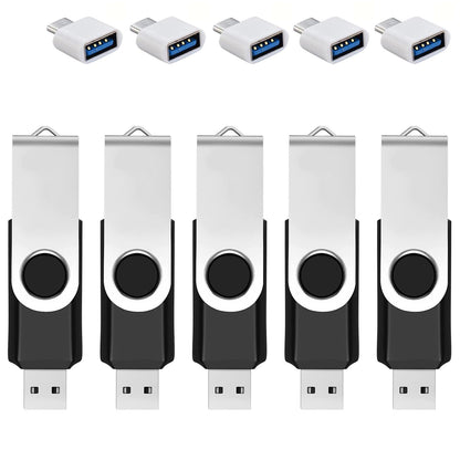 5 Pack 128GB USB Flash Drive with Type C Adapter and Storage Box USB 2.0 High Speed Metal Pen Drive 360° Rotatable Storage Memory Stick for Phone/Pad/PC/Laptop/Android - Black(5-Pack 128GB)
