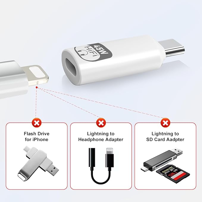 USB C to Lightning Audio Adapter,Lightning to USB C Hi-Fi Adapter for Headphones,480Mbps High-Speed Data Transmission with 45W Fast Charging for iPhone16/15 Series,iPad mini/Air/Pro
