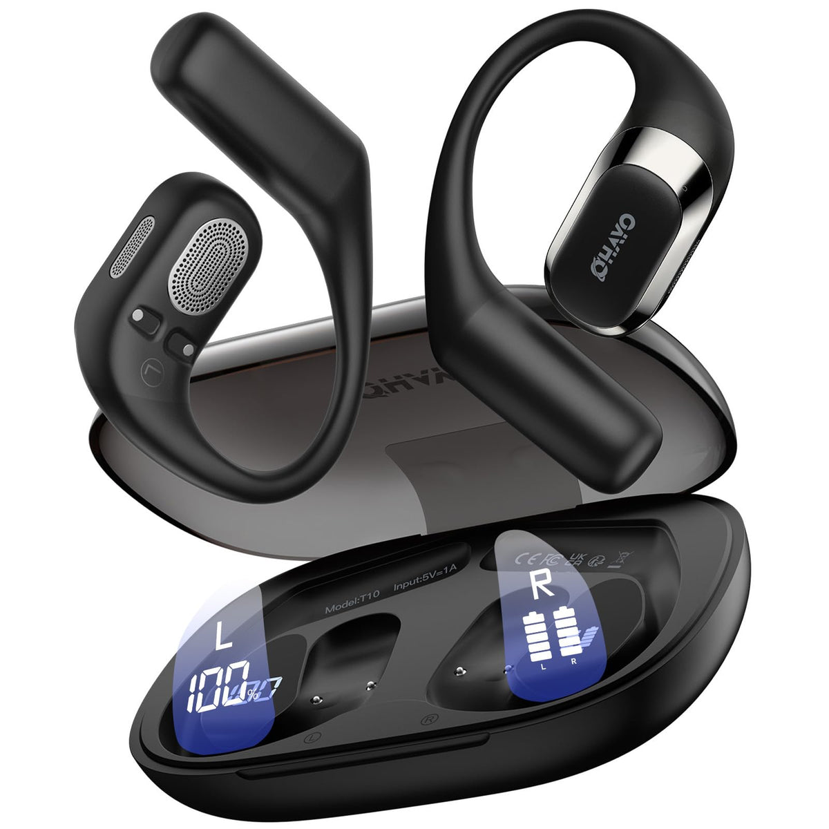 OHAYO Open Ear Headphones,Earbuds with Ergonomic Earhook,Bluetooth Headphones 5.4 with Smart Digital Display,40H Playtime,IPX6 Waterproof,Touch Control Earphones Fit Cycling,Running,Workout(Beige)