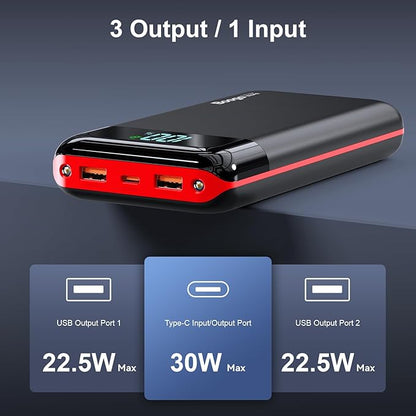 Portable Charger Power Bank 52800mAh Powerbank PD 30W and QC 4.0 Fast Charging Built-in Bright flashlight LED Display 2 USB 1Type-C Output External Battery Pack for iPhone, Samsung, iPad etc (red)