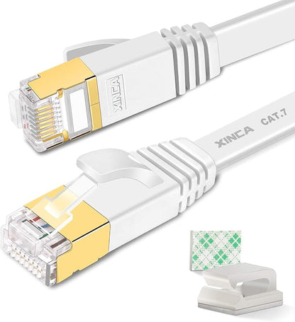 Cat 7 Flat Ethernet Cable 50ft White, High Speed 10GB Shielded (STP) LAN Internet Network Cable Ethernet Patch Computer Cable with Rj45 Connectors and 25pcs Adhesive Cable Clips