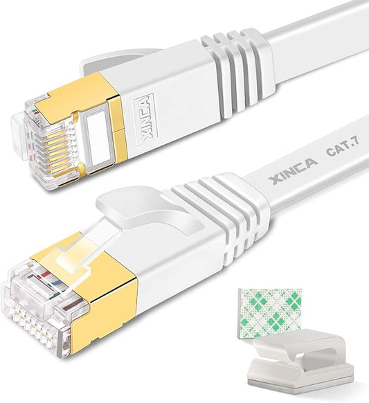 XINCA Cat 7 Flat Ethernet Cable 15ft White, High Speed 10GB Shielded (STP) LAN Internet Network Cable Ethernet Patch Computer Cable with Rj45 Connectors and 5pcs Adhesive Cable Clips