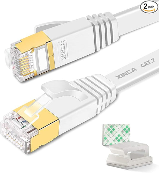 XINCA Cat 7 Flat Ethernet Cable 100ft White, High Speed 10GB Shielded (STP) LAN Internet Network Cable Ethernet Patch Computer Cable with Rj45 Connectors and 50pcs Adhesive Cable Clips