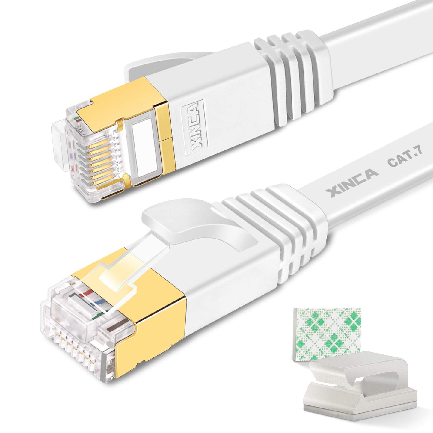 XINCA Cat 7 Flat Ethernet Cable 15ft White, High Speed 10GB Shielded (STP) LAN Internet Network Cable Ethernet Patch Computer Cable with Rj45 Connectors and 5pcs Adhesive Cable Clips