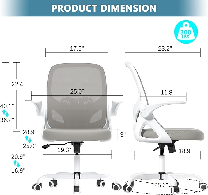 Home Desk Chair with Back Supportive Lumbar Support, Breathable Double Mesh Cushion Home Desk Office Chair with Flip up Arms, Modern Ergonomic Home Office Chair for Work(Gray)