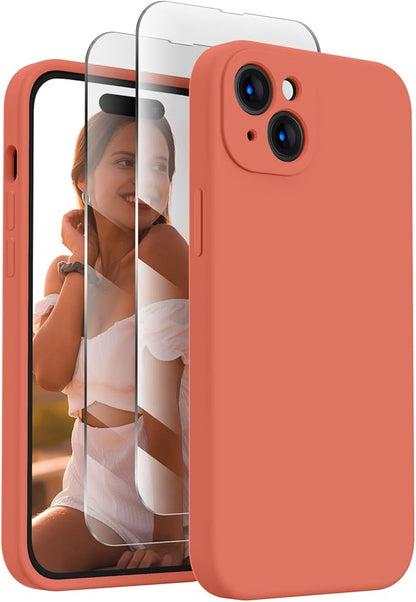 FireNova Designed for iPhone 15 Case, Silicone Upgraded [Camera Protection] Phone Case with [2 Screen Protectors], Soft Anti-Scratch Microfiber Lining Inside, 6.1 inch, Pink Pomelo