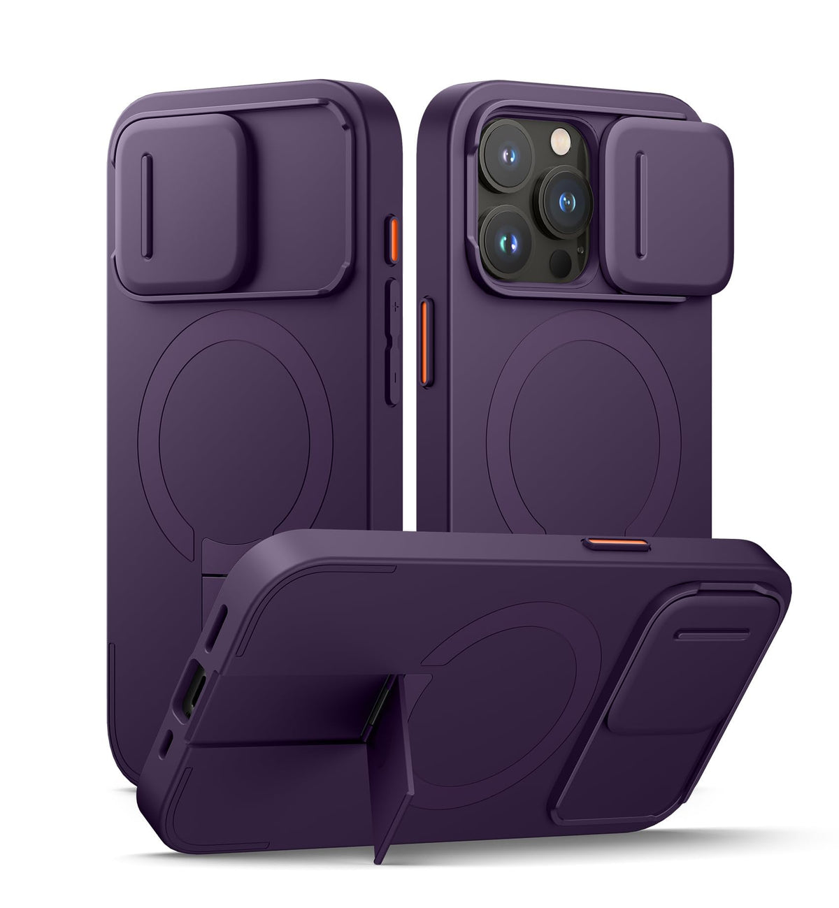 SURITCH for iPhone 14 Plus/15 Plus Case with Magnetic Camera Slide Cover and Adjustable Kickstand, Compatible with MagSafe, Shockproof Bumper Case Slim Protective Cover 6.7 Inch, Dark Purple