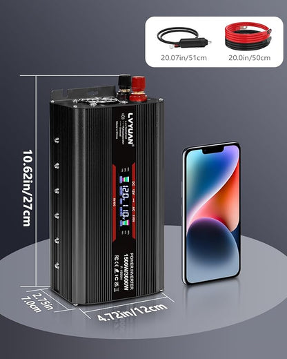 LVYUAN 1500W Car Power Inverter 12V to 110V DC to AC with 2 US Sockets, Cigarette Lighter, LCD Display, USB Ports for Car, Home, Truck, Outdoor, Camping