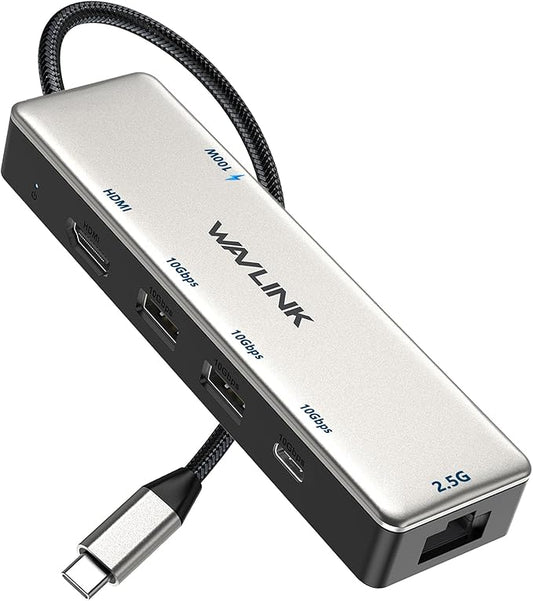 USB C Hub 2.5G Ethernet, WAVLINK 10Gbps USB C 3.2 Hub with 100W Power Delivery, 4K@120Hz HDMI 2.1, 3*USB3.2 Gen 2, 2.5G RJ45 Ports, Fit for MacBook Pro/Air iPad Dell HP Lenovo Asus Acer