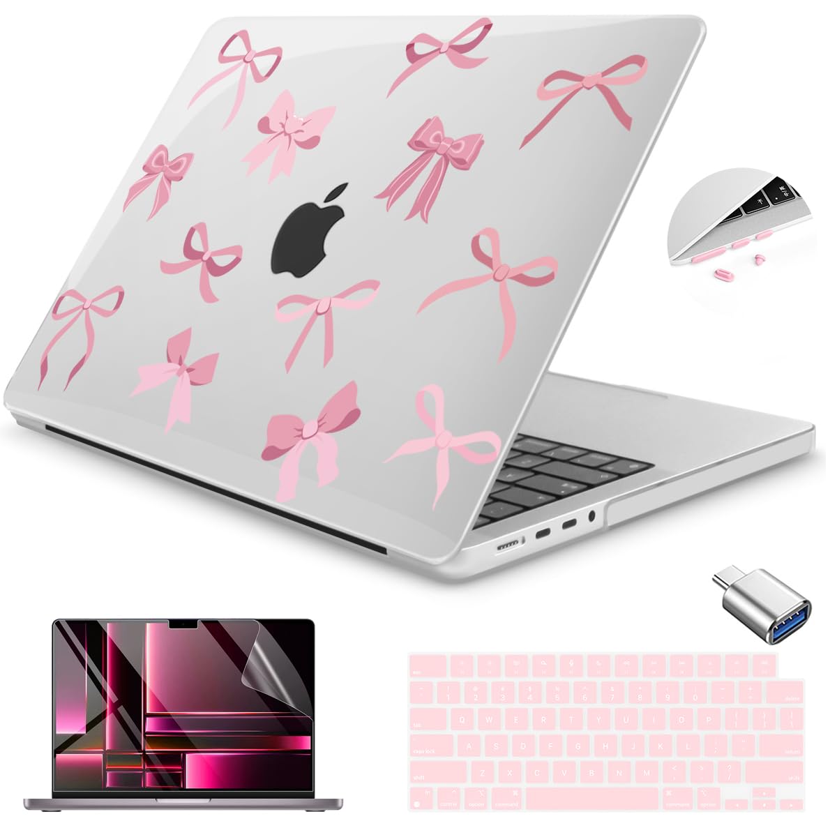 Teryeefi Case for M5 M4 MacBook Pro 14 inch 2025 2024 2023 2021 M4 A3112 A3401 A3185 M3 A2918 A2992 M2 A2779 M1 A2442, Hard Shell Cover + Keyboard Cover for 14 inch MacBook Pro, Cute Pink Bows