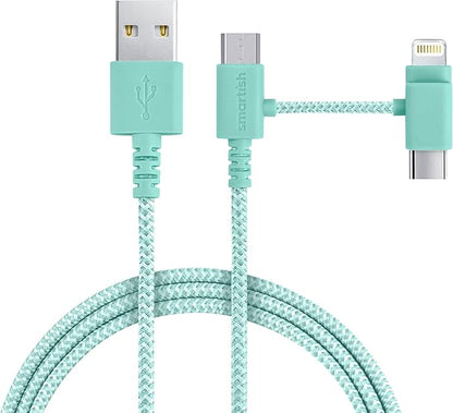 Smartish USB-C/Lightning Cable for iPhone 16/15/14 - Crown Joule - 6Foot Universal Fast Fabric Wrapped Charging Cable w/Micro-USB - Apple MFi Certified for iPhone 13/12/SE/iPad/AirPods/Android - Green