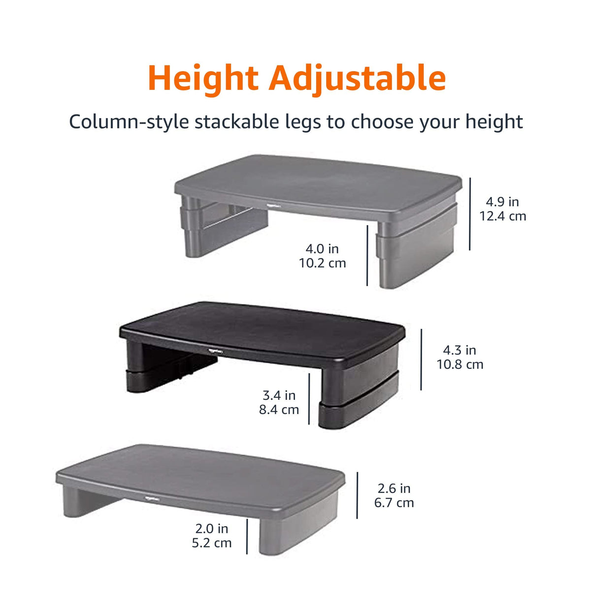 Amazon Basics Height Adjustable Monitor Stand Riser with Storage Organizer, 3-Level Stackable Design, Durable ABS Plastic, Supports up to 22lbs, for Monitors & Laptops, Black