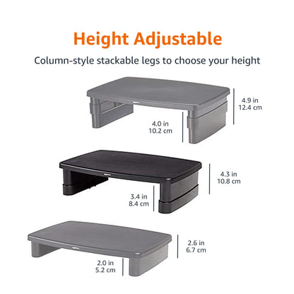 Amazon Basics Height Adjustable Monitor Stand Riser with Storage Organizer, 3-Level Stackable Design, Durable ABS Plastic, Supports up to 22lbs, for Monitors & Laptops, Black