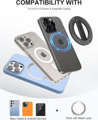 EWA MagOne Ultra Phone Grip Stand with Replaceable Elastic Finger Loop, Removable Magnetic Ring Holder Kickstand Loop, Double-Sided Magnetic Accessories for iPhone 16, 15, 14, 13 Pro/Max/Plus-Black