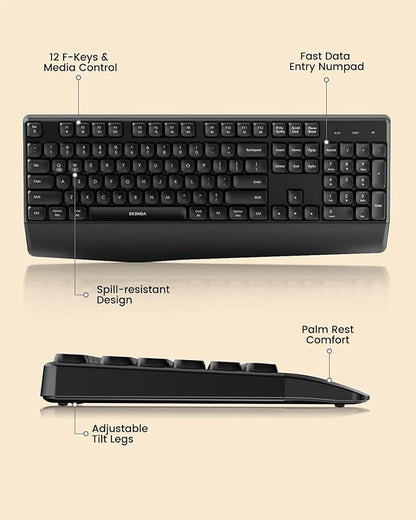 seenda Bluetooth Keyboard and Mouse, COE200 USB + Bluetooth Multi Device, Ergonomic Keyboard Mouse Set, Full-Size Wireless Combo Compatible for Mac OS/Windows PCs Computers Laptops MacBooks - Black