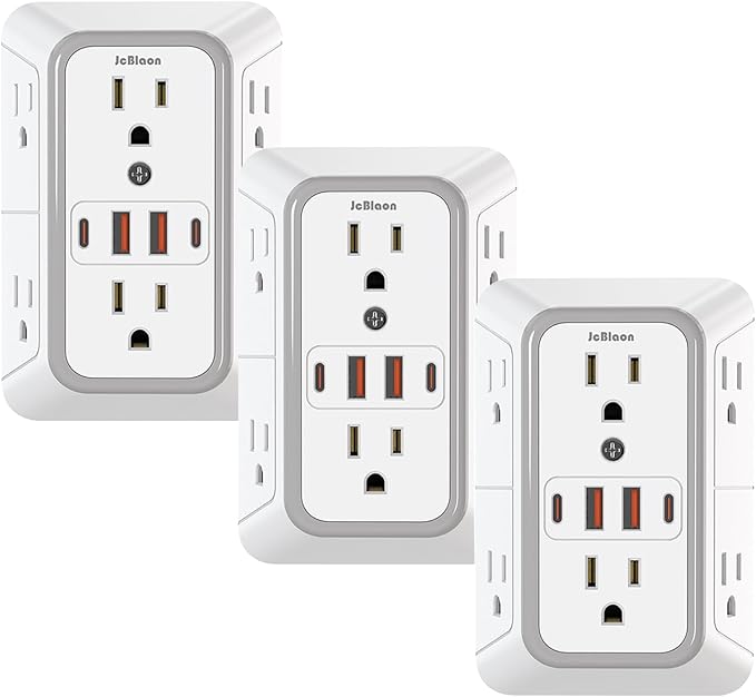 3 Pack Surge Protector Outlet Extender, 6 Outlet Splitter with 4 USB Ports (2 USB C), Multi Plug Wall Outlet 1050J Power Strip, USB Wall Charger for Home Office Kitchen Travel-ETL