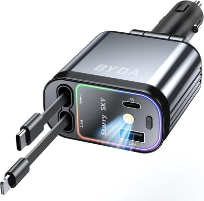 4 in 1 Retractable Car Charger with Starry Light,69W USB-C Fast Car Charger, for iPhone 17/16/15/14/13/12/11, Android,Pixel,Cigarette Lighter Charger (for Lightning+USB-C)