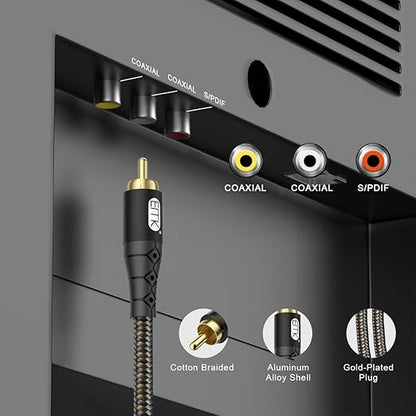 EMK RCA to RCA Subwoofer Cable – 24K Gold-Plated Connector Nylon Braided Double Shielded Audio Cable Digital&Analog Signal Support for Amplifiers Subwoofer Home Theater Hi-Fi Systems Black/50ft/15m