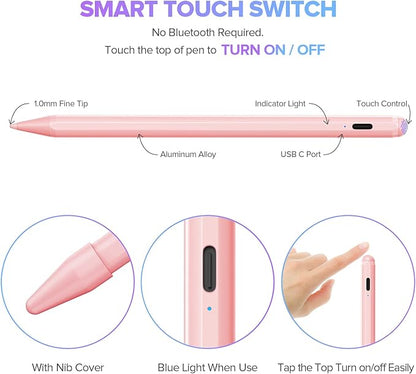 Stylus Pen for iPad 6th-11th Generation-2X Fast Charge Active Pencil Compatible with 2018-2025 Apple iPad Pro 11"/12.9"/M4, iPad Air 3/4/5/M2/M3,iPad mini 5/6 Gen-Pink