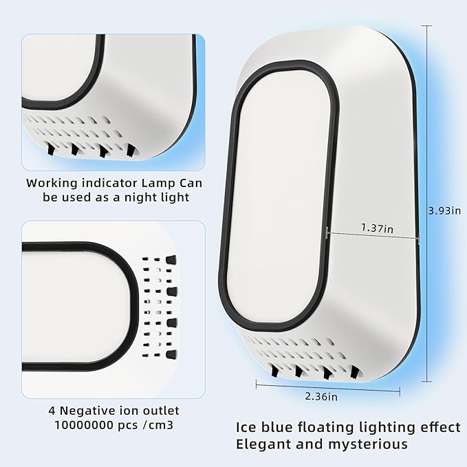 Plug In Ionizer Air Purifier With 4 Negative Ion Output Heads,Small Air Freshener With Backlight,Quiet and Energy-Saving, Ideal Air Cleaners for Home,Bedroom,Office,Living Room and Pet Room(4)