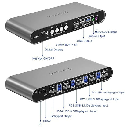 4 Computers 1 DP Monitor Automatic KVM Switch 4K@144Hz 8K30Hz with Complete Cable Set, Hotkey Switching, Support Audio Microphone and USB Hub, Aluminum Alloy Shell, Digital Display, HDR10