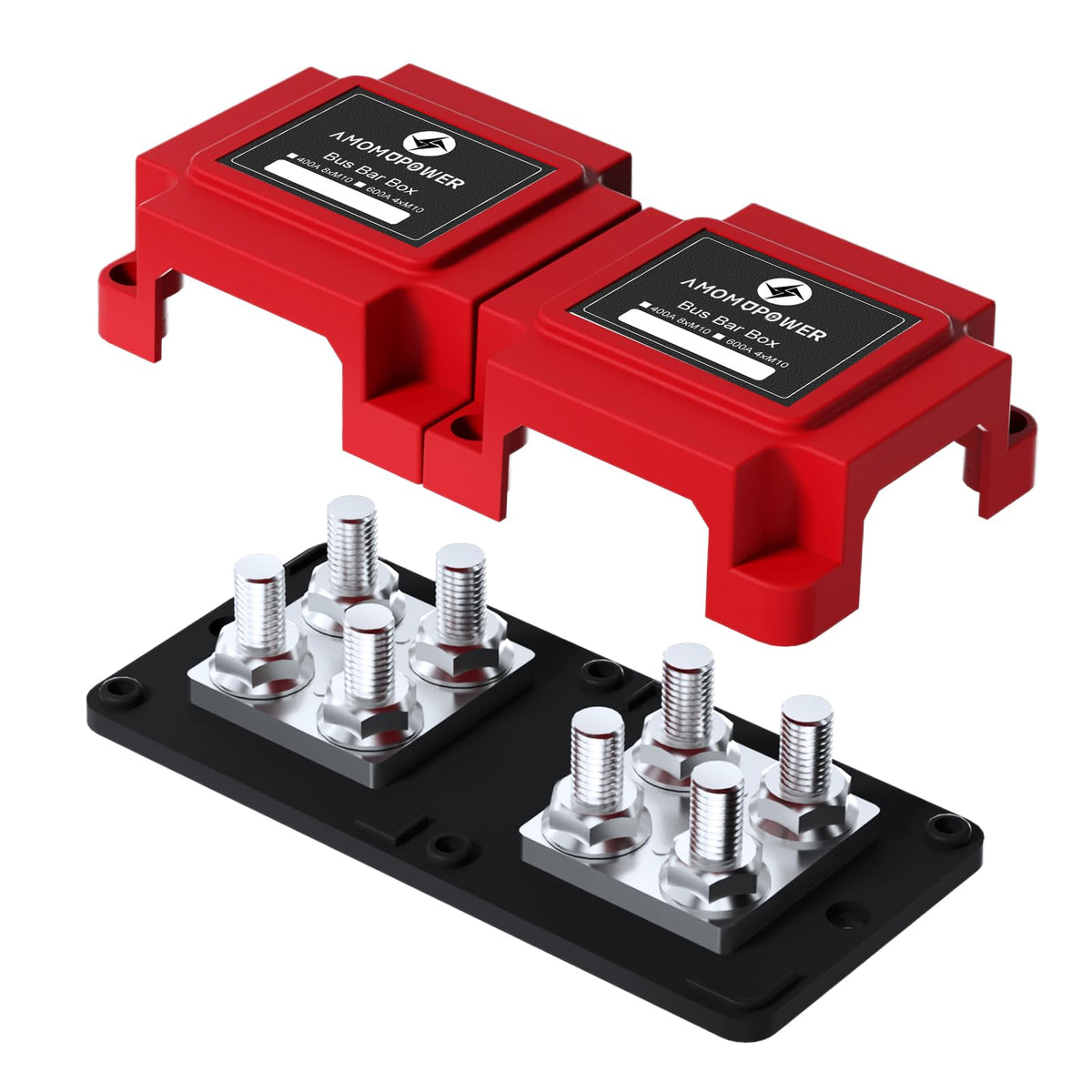 AMOMD Heavy Duty 400A 12-48V Tin-Plated Copper Block Bus Bar 8xM10(3/8") Studs Independent Modular Positive Negative Ground Battery Junction Block Buss Bar for Solar System Marine Truck Boat