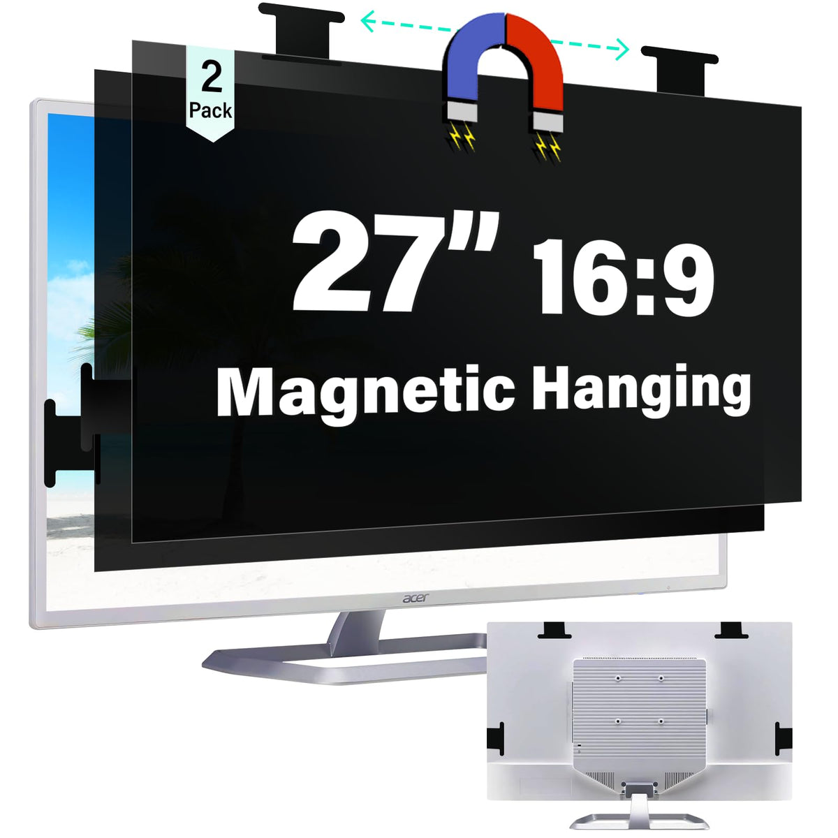 [2 Pack] Magnetic Hanging 27 Inch Computer Privacy Screen for 16:10 Aspect Ratio Widescreen Monitor, Eye Protection Anti Glare Blue Light Computer Monitor Privacy Filter, Removable 27in Protector Film