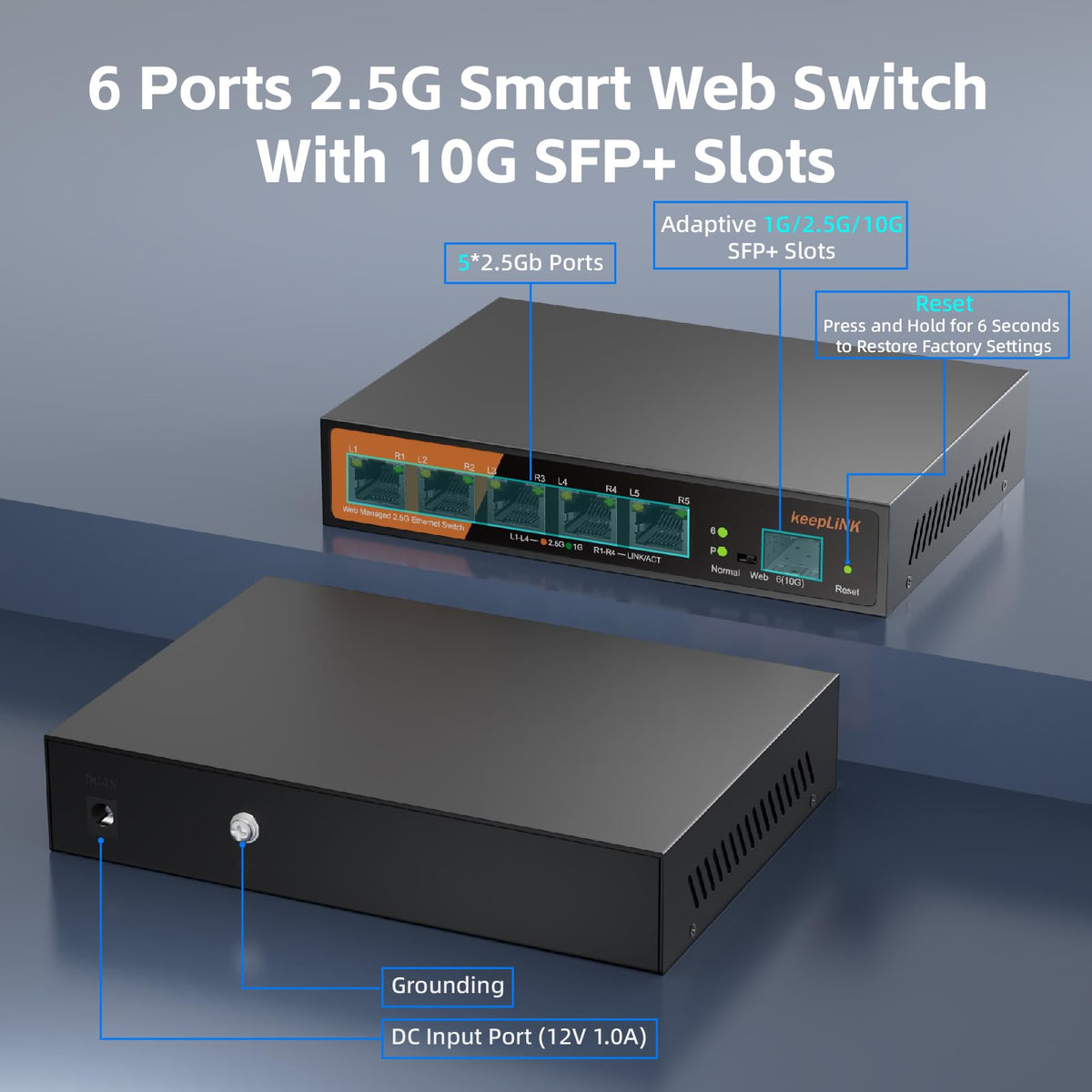 keepLiNK 6 Port 2.5G Web Smart Managed Ethernet Switch with 5 x 2.5G Base-T Ports, 1 x 10G SFP+, Static Aggregation, QoS/VLAN/IGMP, Metal Housing Fanless, Desktop/Wall-Mount