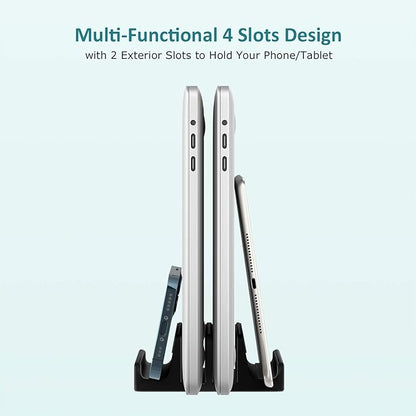 Vertical Laptop Stand - SPACEMax Adjustable GRIPLock Anti-Tip Silicone 4 Slots Aluminum Desktop Holder - Double Dock Stand - 2 Phone Slots Fits Up to 17.3” Laptops, Tablets, Phones - Black