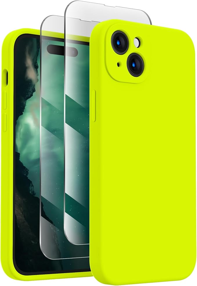 FireNova Designed for iPhone 15 Case, Silicone Upgraded [Camera Protection] Phone Case with [2 Screen Protectors], Soft Anti-Scratch Microfiber Lining Inside, 6.1 inch, Fluorescent Green