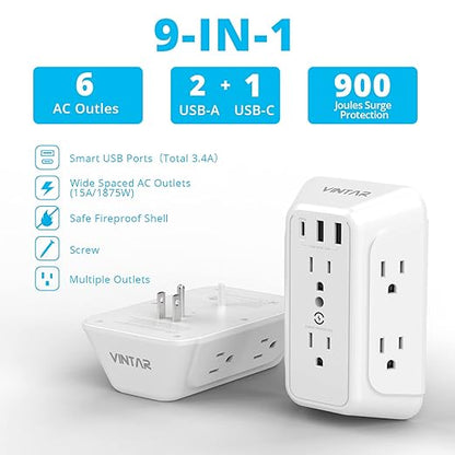 [2-Pack] USB Wall Charger,Surge Protector,6 Outlet Extender with 3 USB Charging Ports(1 USB C Outlet,3.4A) 900J Power Strip Multi Plug Outlets,Wall Mount Power Strip for Home Travel Office ETL Listed