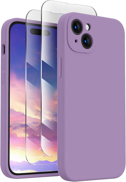FireNova Designed for iPhone 15 Plus Case, Silicone [Camera Protection] Case with [2 Screen Protectors], Soft Anti-Scratch Microfiber Lining Inside, 6.7 inch, Light Purple