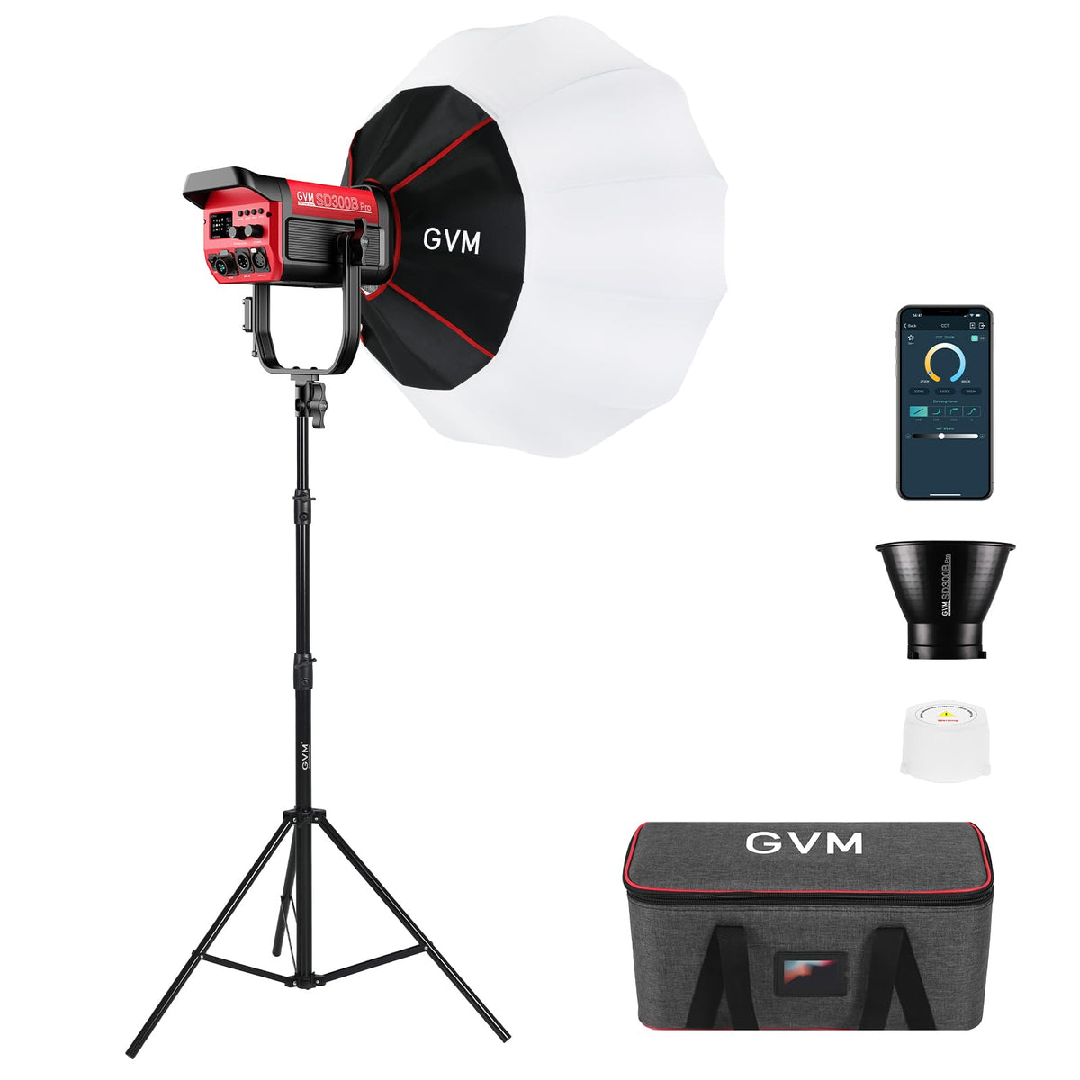 GVM 300W LED Video Light Kit with Softbox, CRI97+ Photography Lighting for Video Recording with Bowens Mount, 65000Lux/m Studio Lights with APP&DMX Control, 2700-6800K, 12 Scene Light