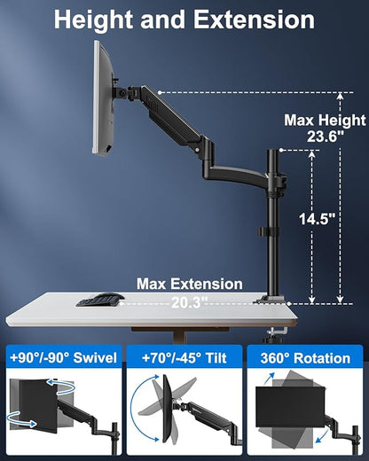 Single Monitor Mount Holds Max 22lbs, 13-32 inch Monitor Desk Mount, Height Adjustable Tall Monitors Arm, Monitors Stand with Tilt Swivel Rotation, VESA 75 100mm, Black, Freelift
