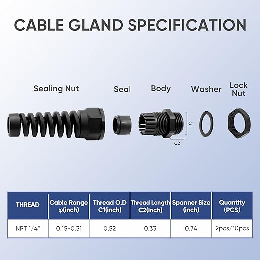 Strain Relief Cord Connector,LISTENJIALE 10Pcs NPT 1/4" Waterproof Cable Gland Flex Spiral Strain Relief Adjustable 4-8mm Cable Connector Nylon Joint with Gaskets(Black)