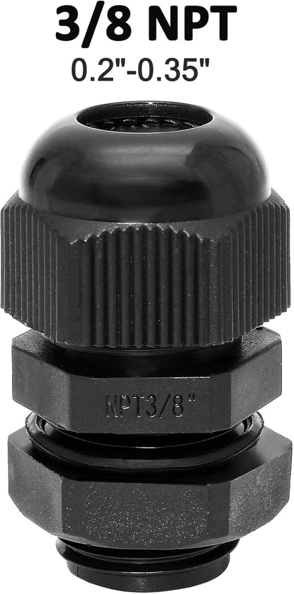 20 Pcs 3/8" NPT Nylon Cable Glands, IP68 Waterproof Adjustable Cord Grip Cable Connector Strain Relief Wire Protectors for 5-9mm Cable Diameter, Black