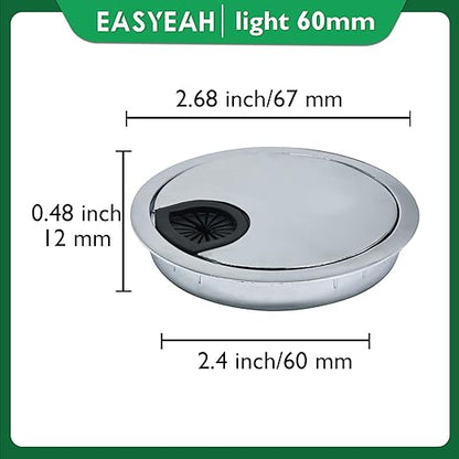 1 Pcs Desk Grommet 2-3/8" / 60 mm, Desk Cord Hole Cover, Cable Grommet Metal Zinc Alloy Materilal, Desk Hole Grommet for Home & Office Pc, Detachable Cable Cord Organizer-Bright Silver
