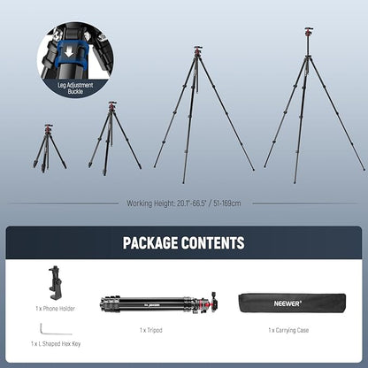 NEEWER Basics 66.5"/169 cm Travel Tripod for Camera, Lightweight Portable DSLR Stand with Ball Head, Arca Type QR Plate, Cell Phone Holder Compatible with iPhone Video Recording, Max Load 11 lb, TP12