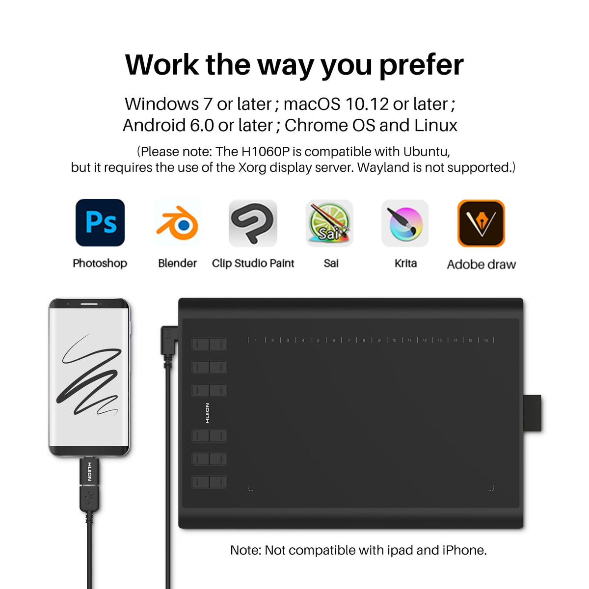 HUION Inspiroy H1060P Graphics Drawing Tablet, 10 x 6.25 in, 12+16 Hot Keys