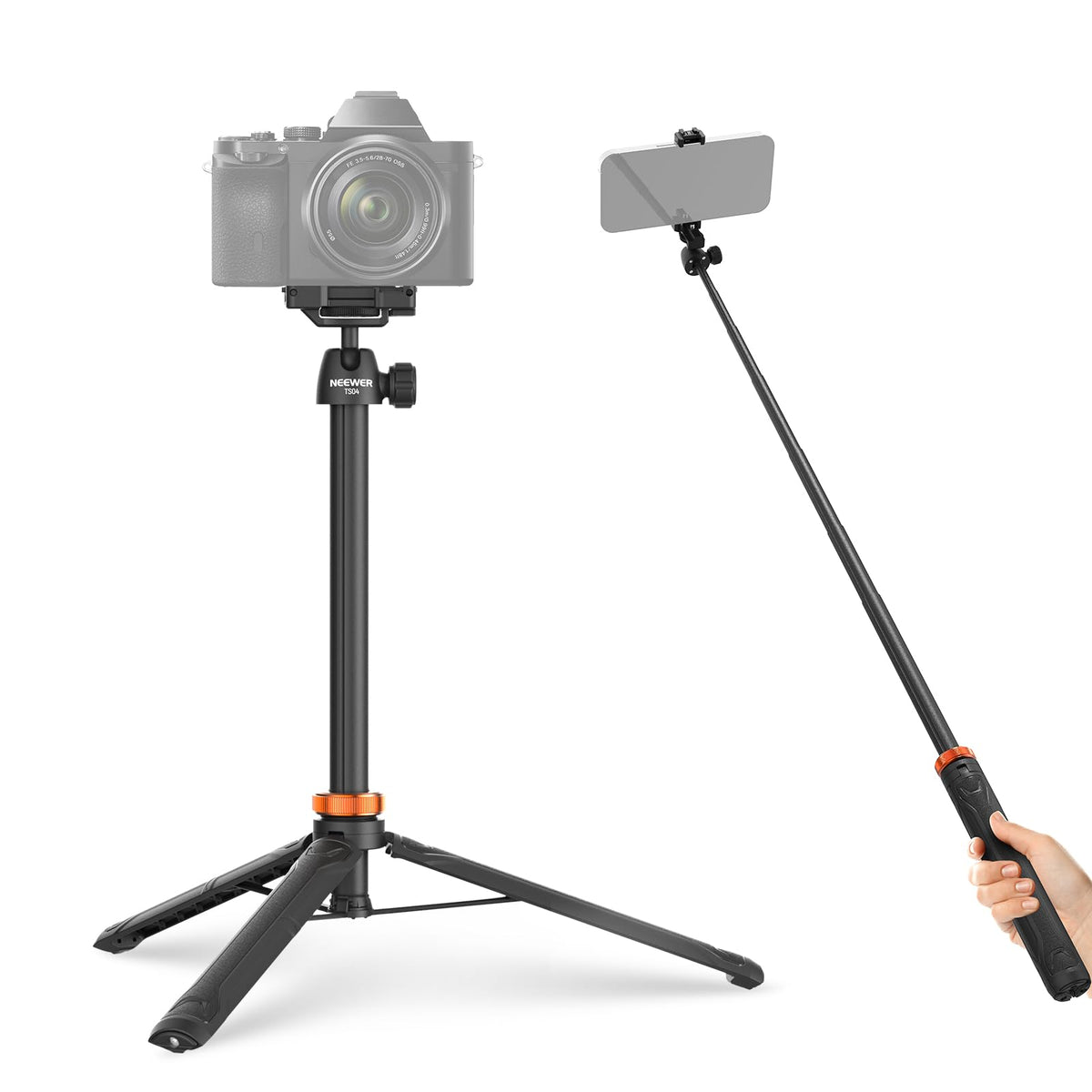 NEEWER BASICS 59"Selfie Stick Tripod Compatible with iPhone & DLSR Camera, Small Metal Compact Portable Travel Desk Stand with Remote Ball Head 2in1 Cell Phone Holder Mount for Video Recording Filming
