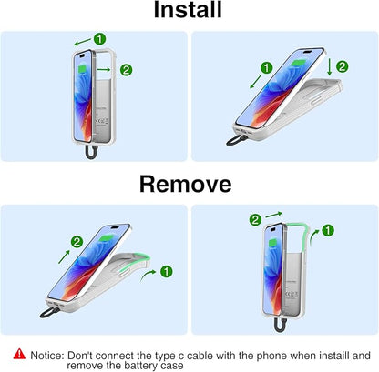 GIN FOXI Fast Charging Battery Case for iPhone 15 Pro Max/15 Plus, 8000mAh 15W Ultra Slim Charger Case Rechargeable Portable Extended Power Bank Case Cover Battery Pack Built-in Cable, Grey(6.7”)