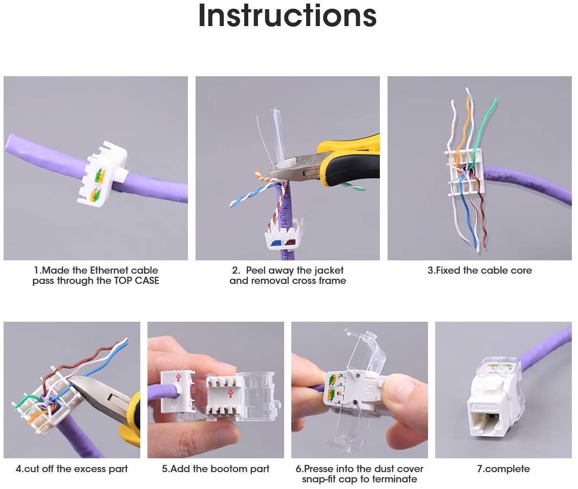 AMPCOM CAT6 Tool-Less Keystone Jack 12-Pack, RJ45 UTP Punch Down Free White