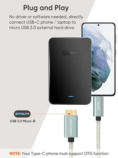 CableCreation 1FT USB C to Micro B Cable,10Gbps Speed External Hard Drive Braided,USB 3.1 Type C to Micro B Work for iPhone 15 Series,Seagate WD Westgate My Passport,MacBook Pro/Air, iPad/Tablet,Green