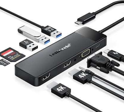 Lemorele USB C Docking Station for Laptop, 10 in 1 Triple Display Monitors Adapter w/4K Dual HDMI, 1080P VGA, 3 USB3.0/2.0, TF/SD 2.0, 3.5mm Audio, 100W PD, for MacBook, HP, Dell, Lenovo, Surface