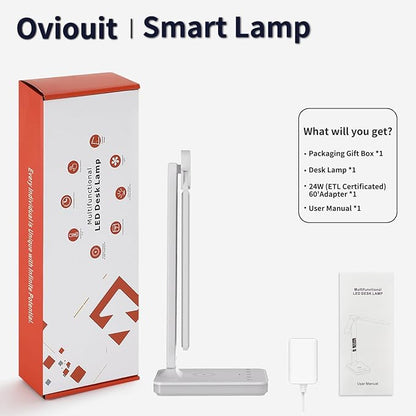 LED Desk Lamp with Charger, USB Charging Port, Dual Swing Arm Desk Light with 5 Brightness, 3 Colors, Table Lamp with Clock, Alarm, Date, Temperature, Desk Lamp for Home Office Study (White)